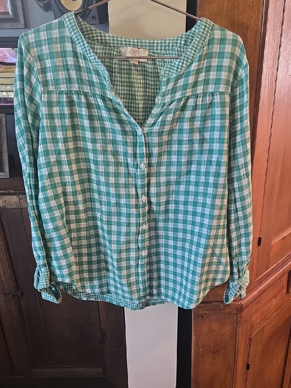 LOFT Green and White Gingham Button-Down Shirt